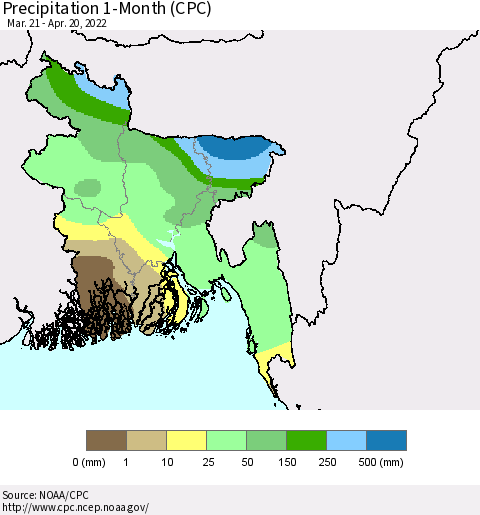 Bangladesh Precipitation 1-Month (CPC) Thematic Map For 3/21/2022 - 4/20/2022