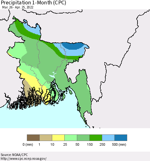 Bangladesh Precipitation 1-Month (CPC) Thematic Map For 3/26/2022 - 4/25/2022