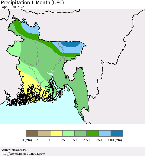 Bangladesh Precipitation 1-Month (CPC) Thematic Map For 4/1/2022 - 4/30/2022