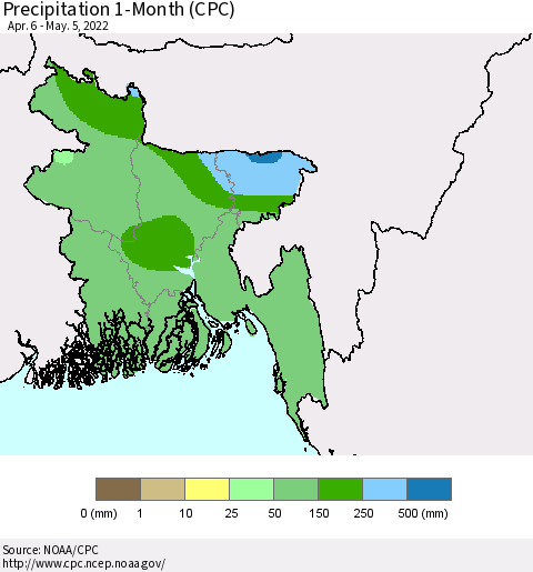 Bangladesh Precipitation 1-Month (CPC) Thematic Map For 4/6/2022 - 5/5/2022