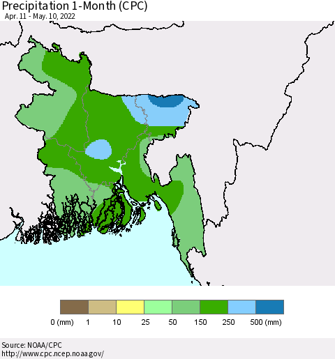Bangladesh Precipitation 1-Month (CPC) Thematic Map For 4/11/2022 - 5/10/2022
