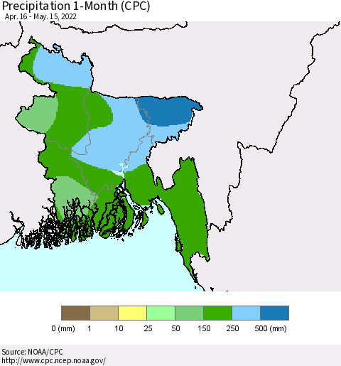 Bangladesh Precipitation 1-Month (CPC) Thematic Map For 4/16/2022 - 5/15/2022