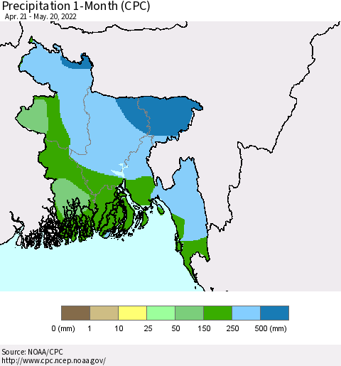 Bangladesh Precipitation 1-Month (CPC) Thematic Map For 4/21/2022 - 5/20/2022