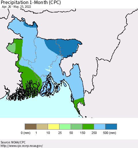 Bangladesh Precipitation 1-Month (CPC) Thematic Map For 4/26/2022 - 5/25/2022
