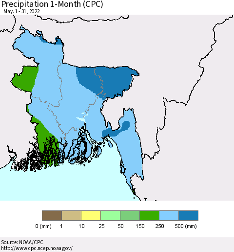 Bangladesh Precipitation 1-Month (CPC) Thematic Map For 5/1/2022 - 5/31/2022