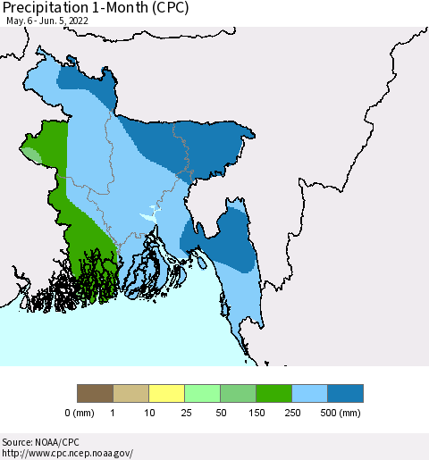 Bangladesh Precipitation 1-Month (CPC) Thematic Map For 5/6/2022 - 6/5/2022