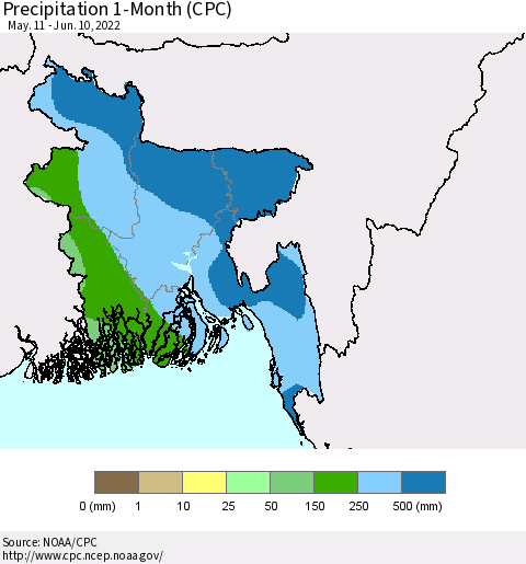 Bangladesh Precipitation 1-Month (CPC) Thematic Map For 5/11/2022 - 6/10/2022