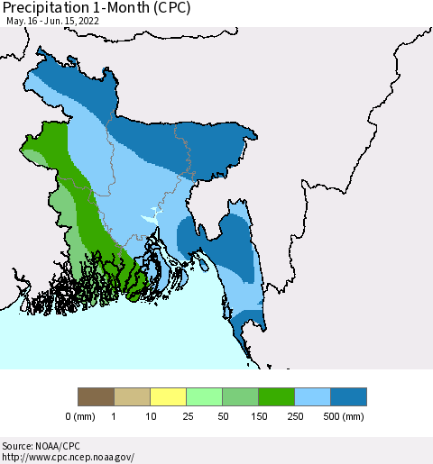 Bangladesh Precipitation 1-Month (CPC) Thematic Map For 5/16/2022 - 6/15/2022