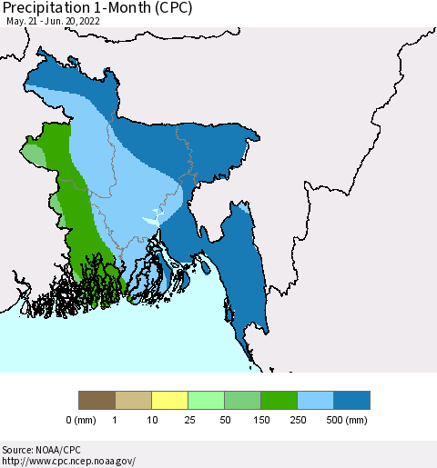 Bangladesh Precipitation 1-Month (CPC) Thematic Map For 5/21/2022 - 6/20/2022