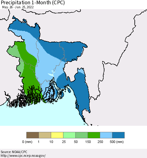 Bangladesh Precipitation 1-Month (CPC) Thematic Map For 5/26/2022 - 6/25/2022