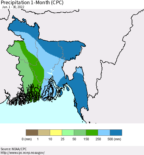 Bangladesh Precipitation 1-Month (CPC) Thematic Map For 6/1/2022 - 6/30/2022
