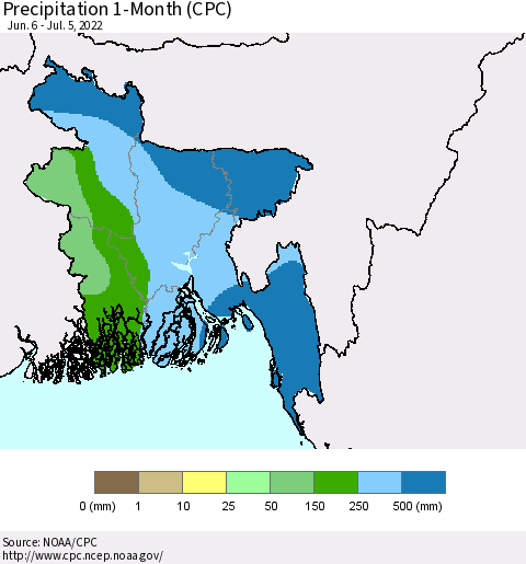 Bangladesh Precipitation 1-Month (CPC) Thematic Map For 6/6/2022 - 7/5/2022