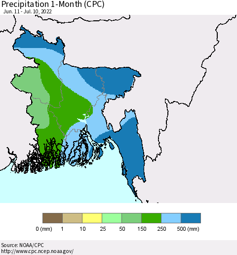Bangladesh Precipitation 1-Month (CPC) Thematic Map For 6/11/2022 - 7/10/2022