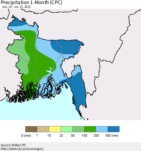 Bangladesh Precipitation 1-Month (CPC) Thematic Map For 6/16/2022 - 7/15/2022