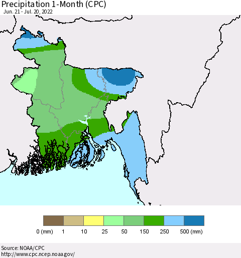 Bangladesh Precipitation 1-Month (CPC) Thematic Map For 6/21/2022 - 7/20/2022