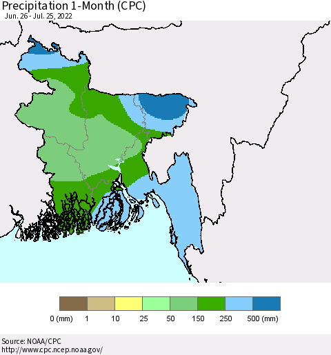 Bangladesh Precipitation 1-Month (CPC) Thematic Map For 6/26/2022 - 7/25/2022