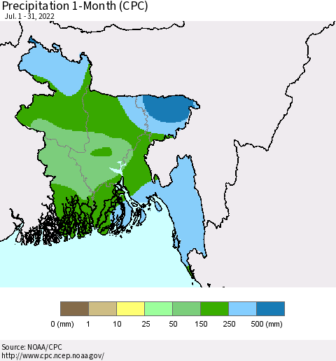 Bangladesh Precipitation 1-Month (CPC) Thematic Map For 7/1/2022 - 7/31/2022