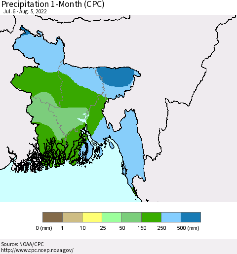 Bangladesh Precipitation 1-Month (CPC) Thematic Map For 7/6/2022 - 8/5/2022