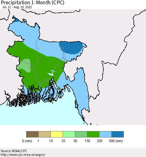 Bangladesh Precipitation 1-Month (CPC) Thematic Map For 7/11/2022 - 8/10/2022
