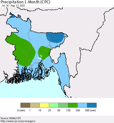 Bangladesh Precipitation 1-Month (CPC) Thematic Map For 7/16/2022 - 8/15/2022