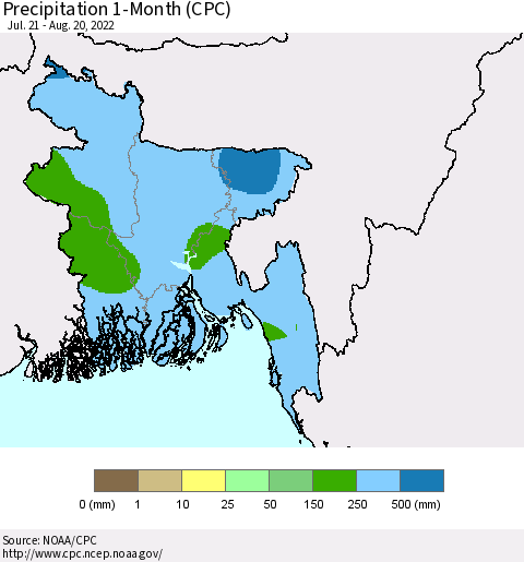 Bangladesh Precipitation 1-Month (CPC) Thematic Map For 7/21/2022 - 8/20/2022