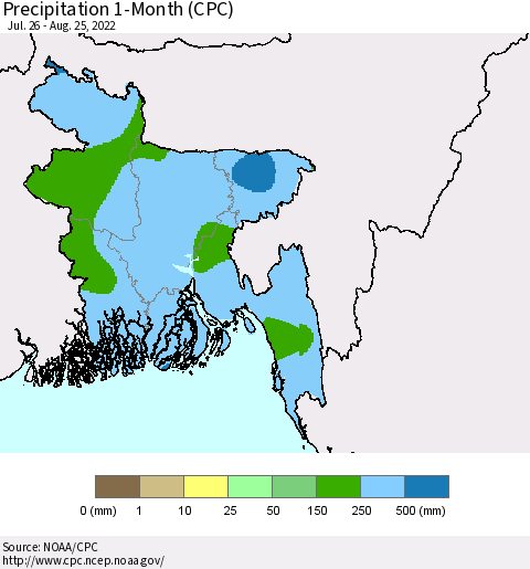 Bangladesh Precipitation 1-Month (CPC) Thematic Map For 7/26/2022 - 8/25/2022