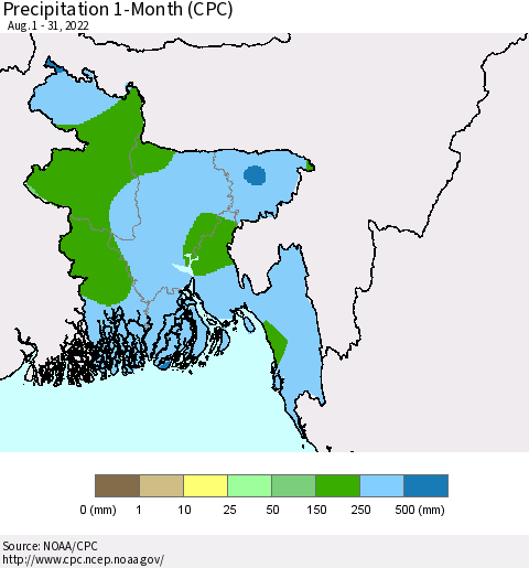 Bangladesh Precipitation 1-Month (CPC) Thematic Map For 8/1/2022 - 8/31/2022