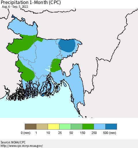 Bangladesh Precipitation 1-Month (CPC) Thematic Map For 8/6/2022 - 9/5/2022