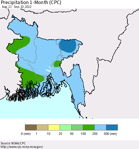 Bangladesh Precipitation 1-Month (CPC) Thematic Map For 8/11/2022 - 9/10/2022