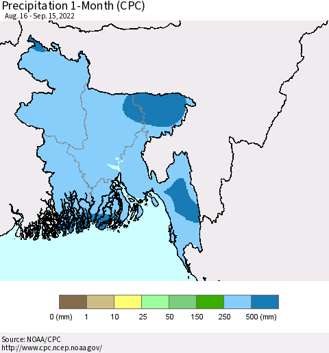 Bangladesh Precipitation 1-Month (CPC) Thematic Map For 8/16/2022 - 9/15/2022