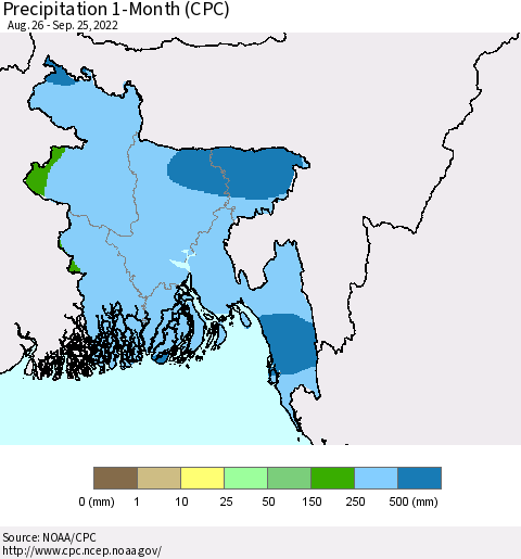 Bangladesh Precipitation 1-Month (CPC) Thematic Map For 8/26/2022 - 9/25/2022