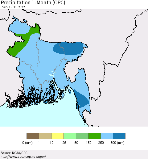 Bangladesh Precipitation 1-Month (CPC) Thematic Map For 9/1/2022 - 9/30/2022