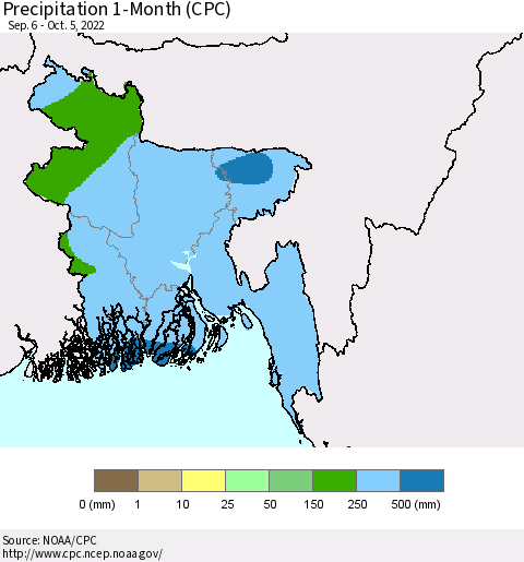 Bangladesh Precipitation 1-Month (CPC) Thematic Map For 9/6/2022 - 10/5/2022