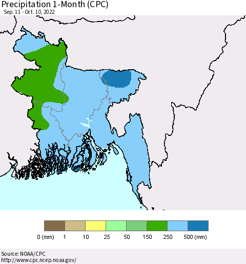 Bangladesh Precipitation 1-Month (CPC) Thematic Map For 9/11/2022 - 10/10/2022