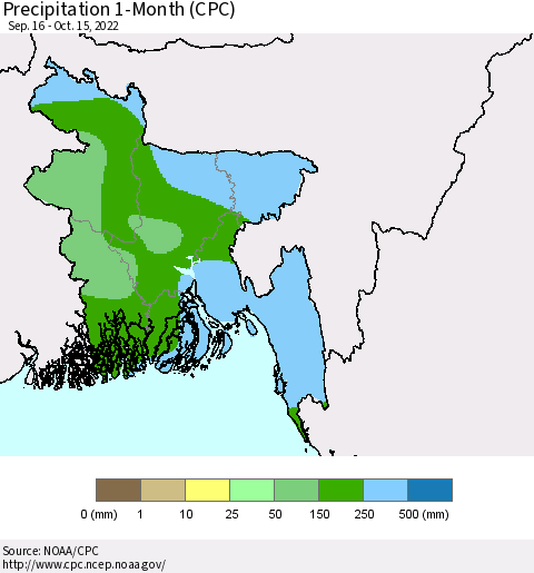 Bangladesh Precipitation 1-Month (CPC) Thematic Map For 9/16/2022 - 10/15/2022