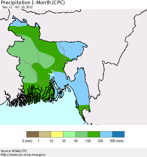 Bangladesh Precipitation 1-Month (CPC) Thematic Map For 9/21/2022 - 10/20/2022