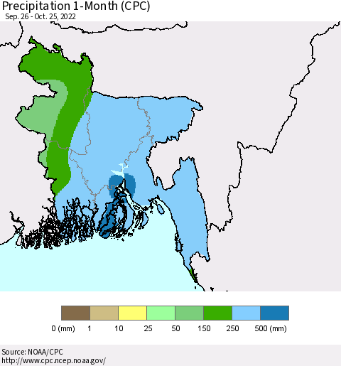 Bangladesh Precipitation 1-Month (CPC) Thematic Map For 9/26/2022 - 10/25/2022
