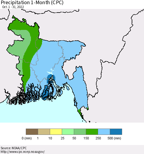Bangladesh Precipitation 1-Month (CPC) Thematic Map For 10/1/2022 - 10/31/2022