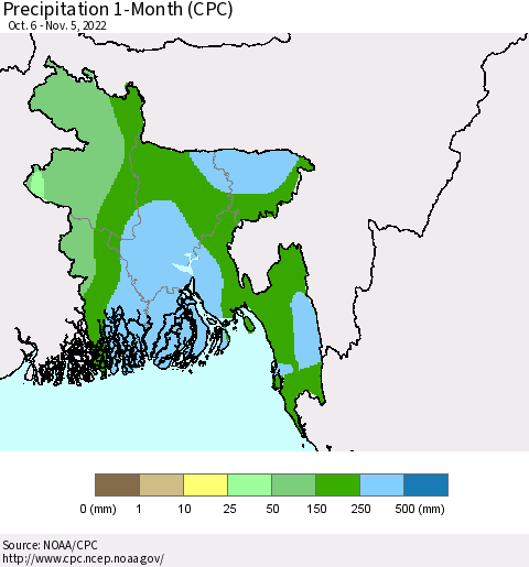 Bangladesh Precipitation 1-Month (CPC) Thematic Map For 10/6/2022 - 11/5/2022