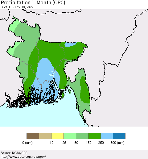 Bangladesh Precipitation 1-Month (CPC) Thematic Map For 10/11/2022 - 11/10/2022