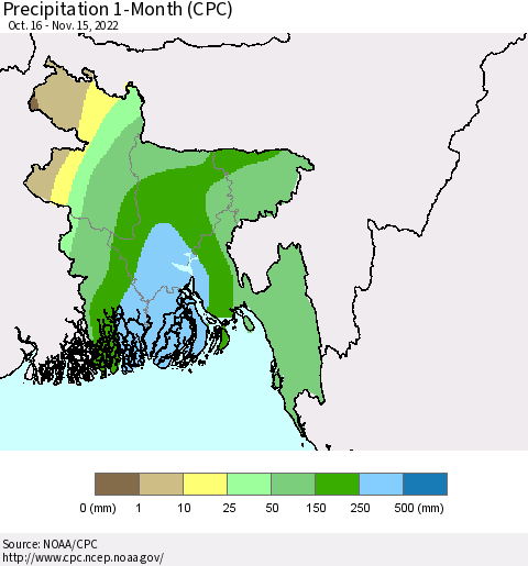 Bangladesh Precipitation 1-Month (CPC) Thematic Map For 10/16/2022 - 11/15/2022