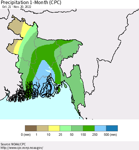 Bangladesh Precipitation 1-Month (CPC) Thematic Map For 10/21/2022 - 11/20/2022
