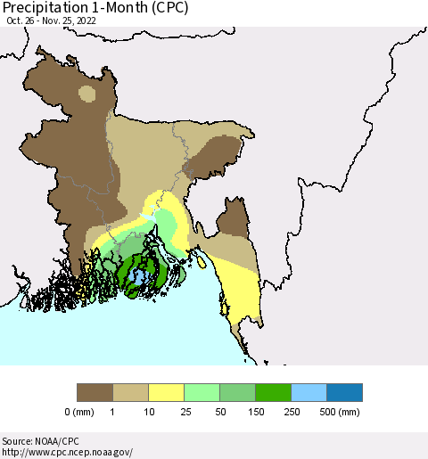 Bangladesh Precipitation 1-Month (CPC) Thematic Map For 10/26/2022 - 11/25/2022