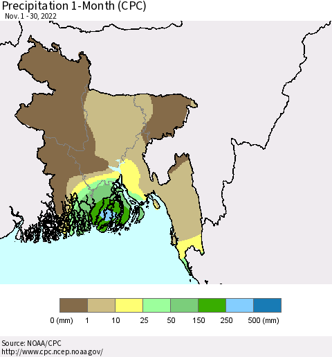 Bangladesh Precipitation 1-Month (CPC) Thematic Map For 11/1/2022 - 11/30/2022