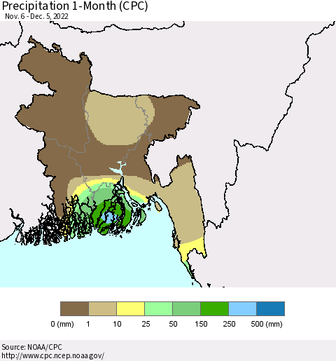 Bangladesh Precipitation 1-Month (CPC) Thematic Map For 11/6/2022 - 12/5/2022