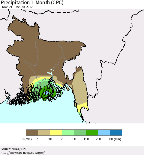 Bangladesh Precipitation 1-Month (CPC) Thematic Map For 11/21/2022 - 12/20/2022