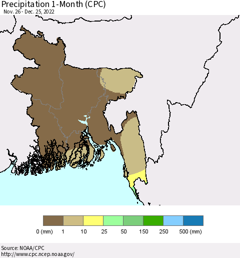 Bangladesh Precipitation 1-Month (CPC) Thematic Map For 11/26/2022 - 12/25/2022