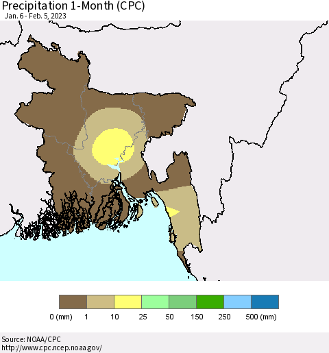 Bangladesh Precipitation 1-Month (CPC) Thematic Map For 1/6/2023 - 2/5/2023