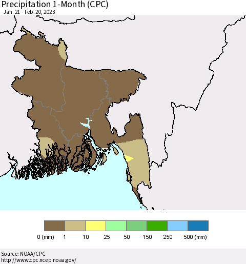 Bangladesh Precipitation 1-Month (CPC) Thematic Map For 1/21/2023 - 2/20/2023