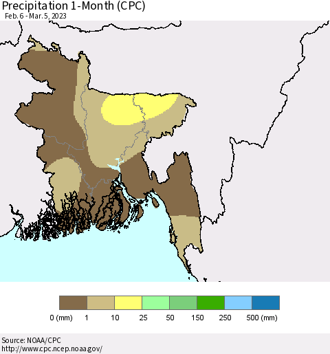Bangladesh Precipitation 1-Month (CPC) Thematic Map For 2/6/2023 - 3/5/2023